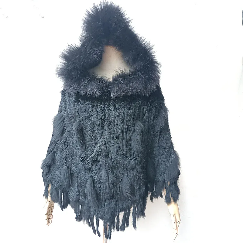 Women Plus Size Knitted Hooded Real Rabbit Fur Poncho With Tassel Female Loose Real Raccoon Fur Cape With Pocket Wrap Shawl