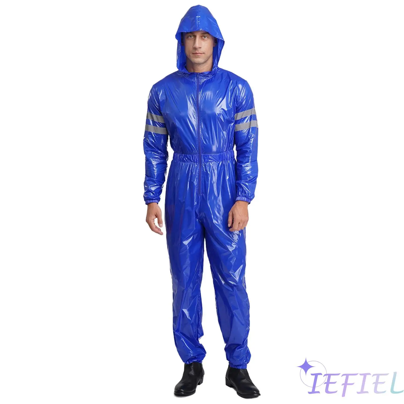 Mens High Visibility Coveralls with 360 Degree Reflective Strips And Water Resistant Fabric Hooded Jumpsuit for Outdoor Work