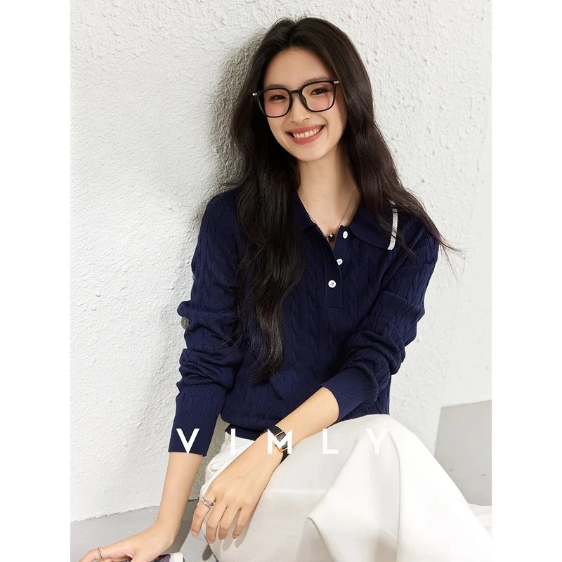 

VIMLY Navy Blue Knitted Pullovers 2025 Autumn Women Elegant Letter Embroider Long Sleeve Button Polo Collar Women Sweaters 75058