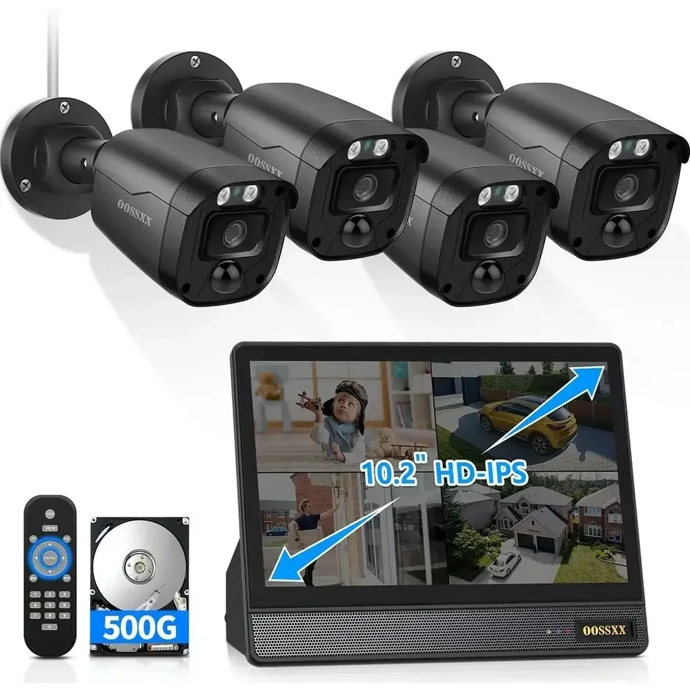 

3K 5MP Wired CCTV Security Camera System with 122° Ultra Wide Angle, 4CH DVR with Monitor, 4X IP66 Indoor Outdoor Cameras, 65ft
