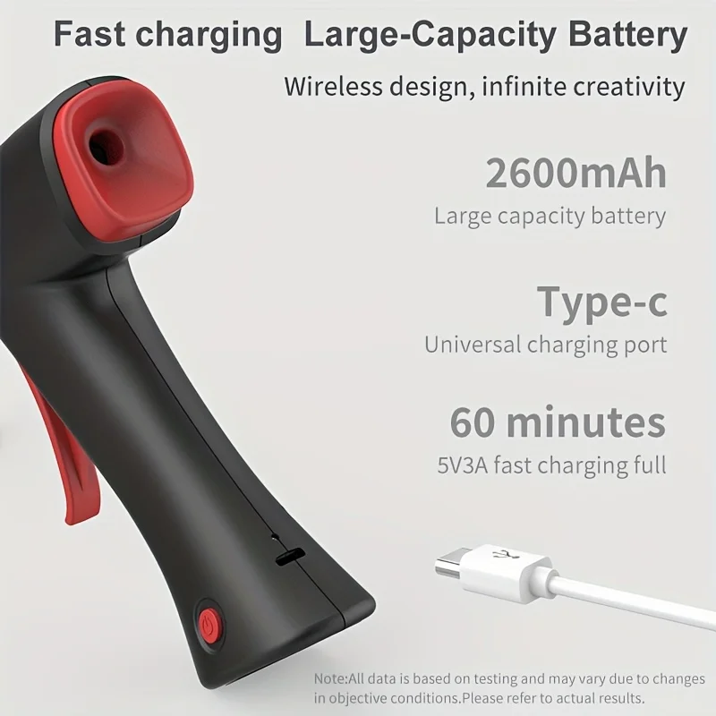 مسدس غراء ساخن لاسلكي، 20 وات، أسود، مع كابل USB-C، بطارية مدمجة 2600 مللي أمبير في الساعة، مناسبة للحرف اليدوية المدرسية والإصلاحات المنزلية