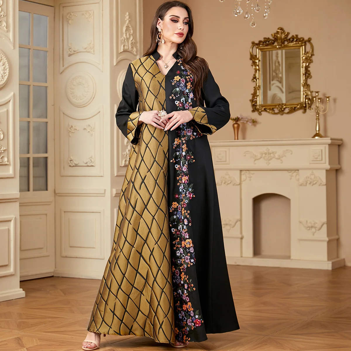 4148 Muslim Robe Women's Wear Color Contrast Splicing Embroidered Elegant Style Long Sleeve Dress