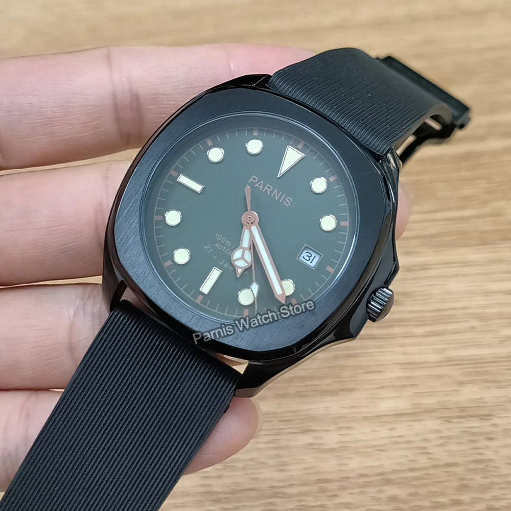 Parnis 39mm relógio de pulso masculino miyota8215 relógio mecânico automático luminoso caixa preta marcas mostrador verde com pulseira de couro
