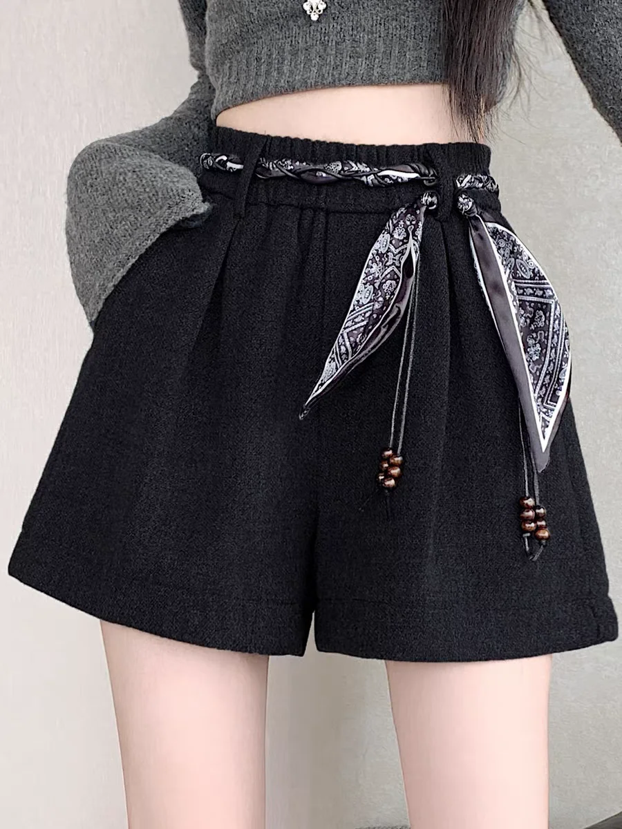 Outono inverno shorts cinza grosso cintura alta elástica a linha shorts de perna larga para mulheres pequenas, shorts de tweed de emagrecimento