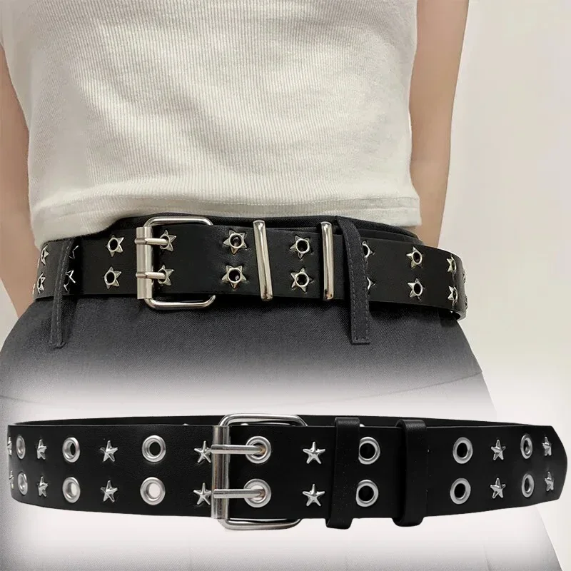 

American Punk Style Double Row of Niche Female Hip-hop Decorative Belt Jeans Star Shaped Hollow New Rivets Punk Belt Spice Girls