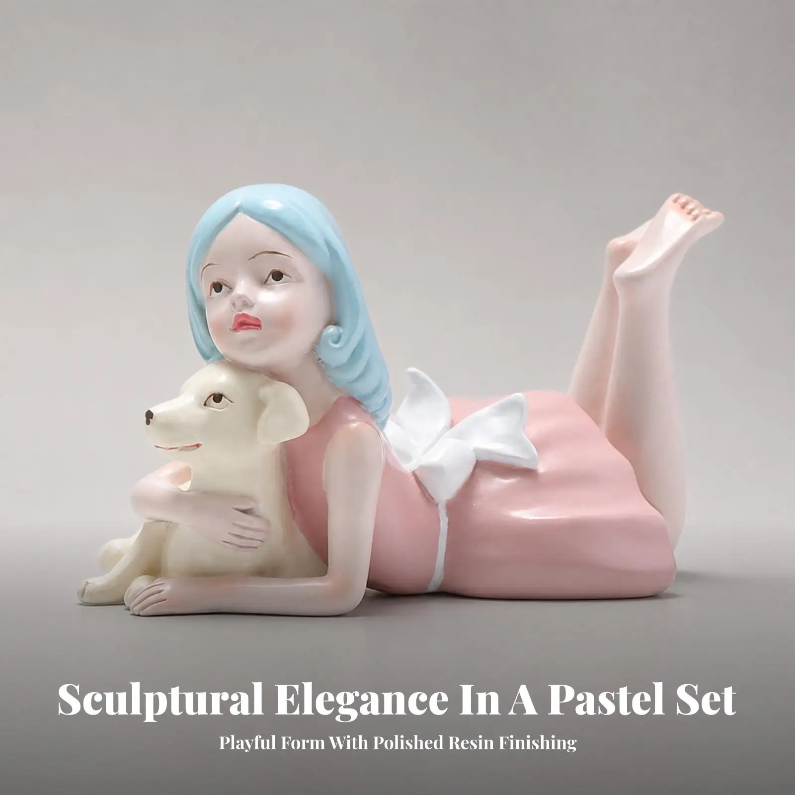 Prone Girl Holding Dog Statue Authentic Painted Resin Tabletop Figure Compact