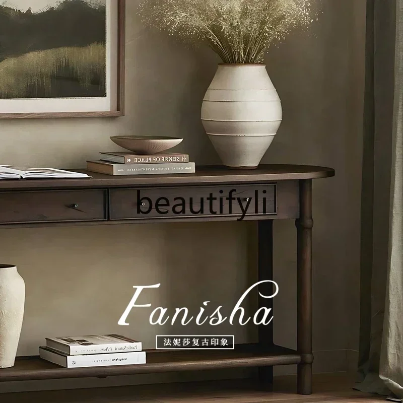 Q181  French solid wood retro porch table, antique style entry foyer corridor aisle wall table