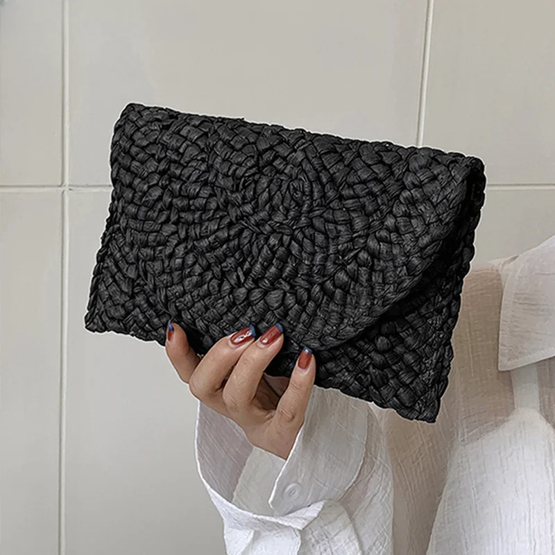 Fashionable Corn Husk Straw Bags Hand-woven Women Clutch Envelope Handbag Long Purse For Female Summer Beach Bag bolsa 2024