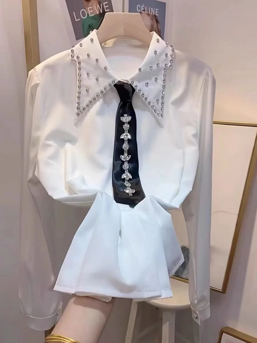 Blingbling Diamonds Tie White Shirts Women 2024 Spring New Elegant Long Sleeve Blouses Ladies Girls Blusas Top