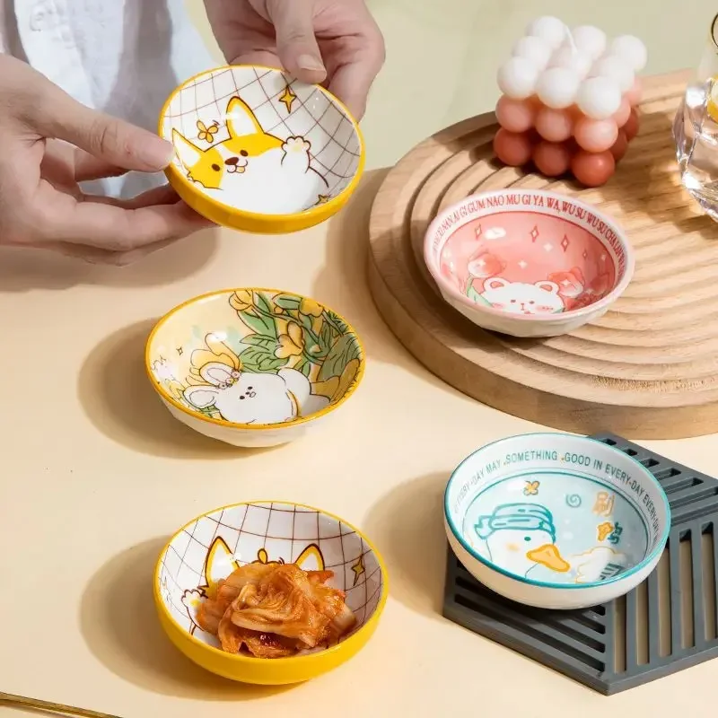 3.5 Inch Japanese Style Ceramic Dessert Sauce Dish Tableware Creative Cute Cartoon Pet Pattern Circular Shape Fruit Sushi Plates