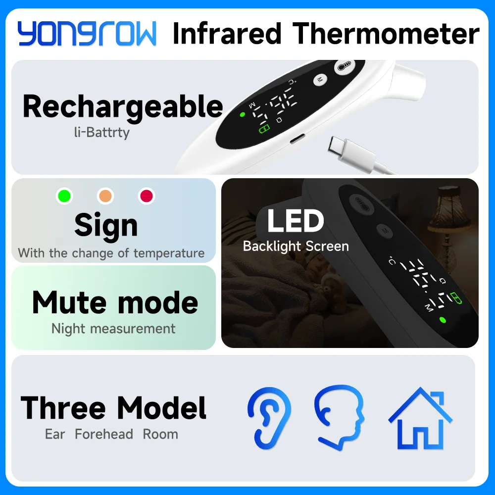 Yongrow Rechargeable Infrared Ear Thermometer 3 Modes Forehead/Ear/Room Temperature Measurement Records And Alarm Light