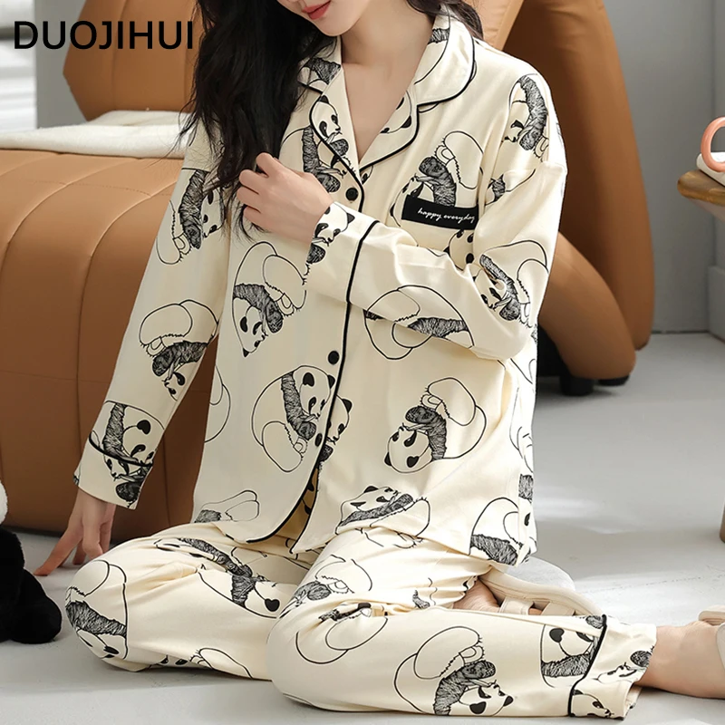 DUOJIHUI Fashion Print Casual Pajamas for Women Autumn Chicly with Chest Pad Cardigan Basic Pant Loose Simple Female Pajamas Set