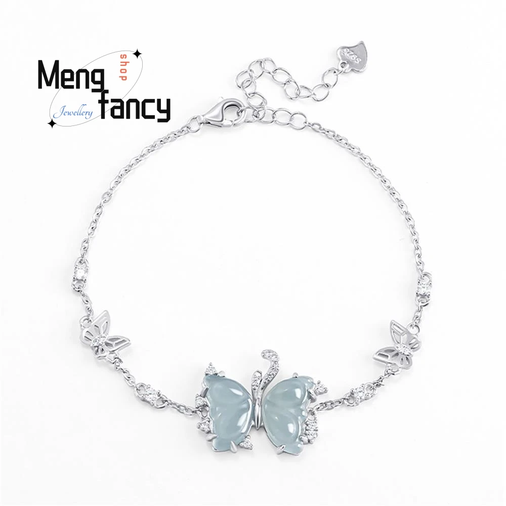 

Natural A-goods Jadeite Blue Water Butterfly S925 Silver Inlaid Ice Jade Bracelet Fashion High-grade Exquisite Elegant Jewelry