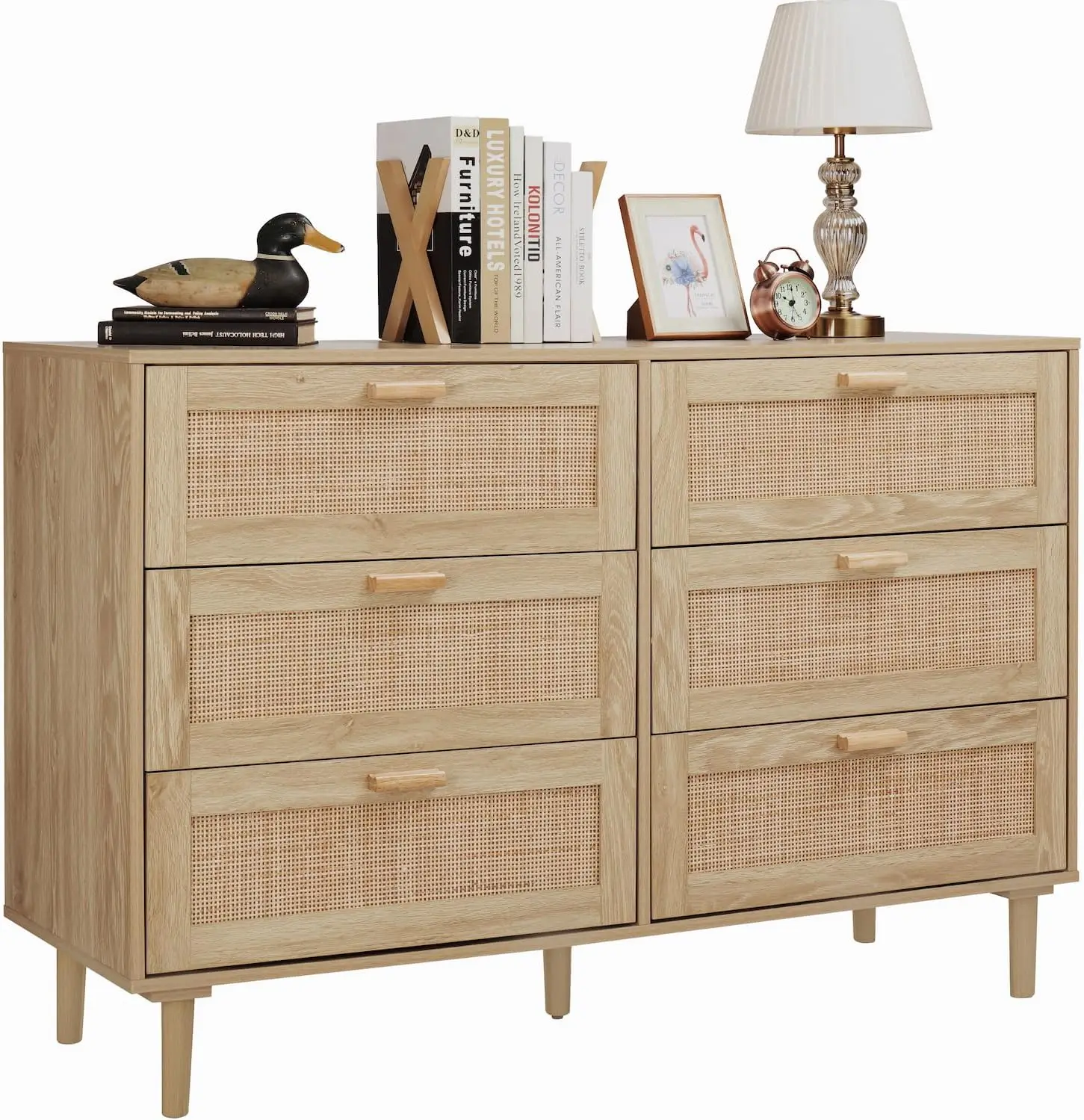 Finnhomy 6 Drawer Rattan Dresser For Bedroom 51.2” Widen Wooden Dresser Long Bedroom Dressers With Drawers, Cane Double