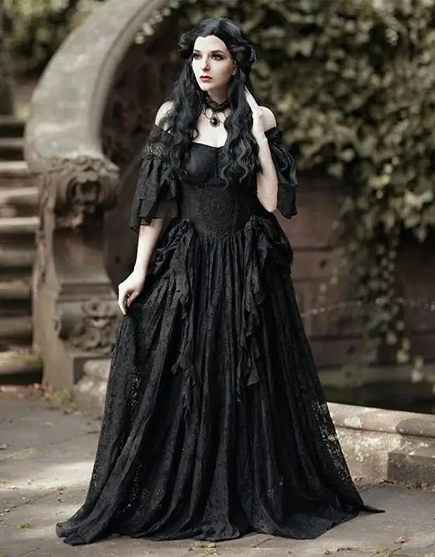 Victorian Gothic Black A Line Wedding Dress Lace Off Shoulder Bridal Gowns Sweetheart Floor Length Garden Customized