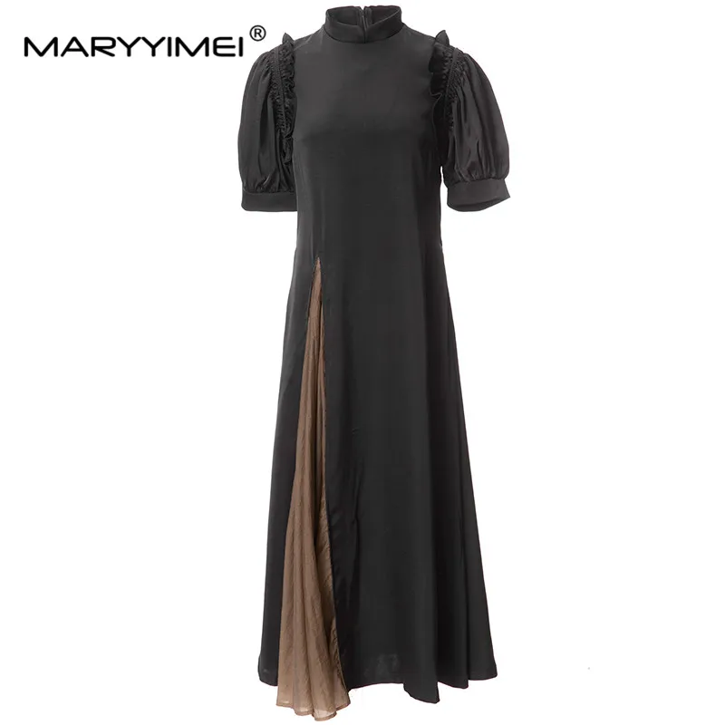 

MARYYIMEI Fashion Designer spring Summer Women's Stand Collar Puff Sleeve Splicing Split High-End Temperament Black Dresses