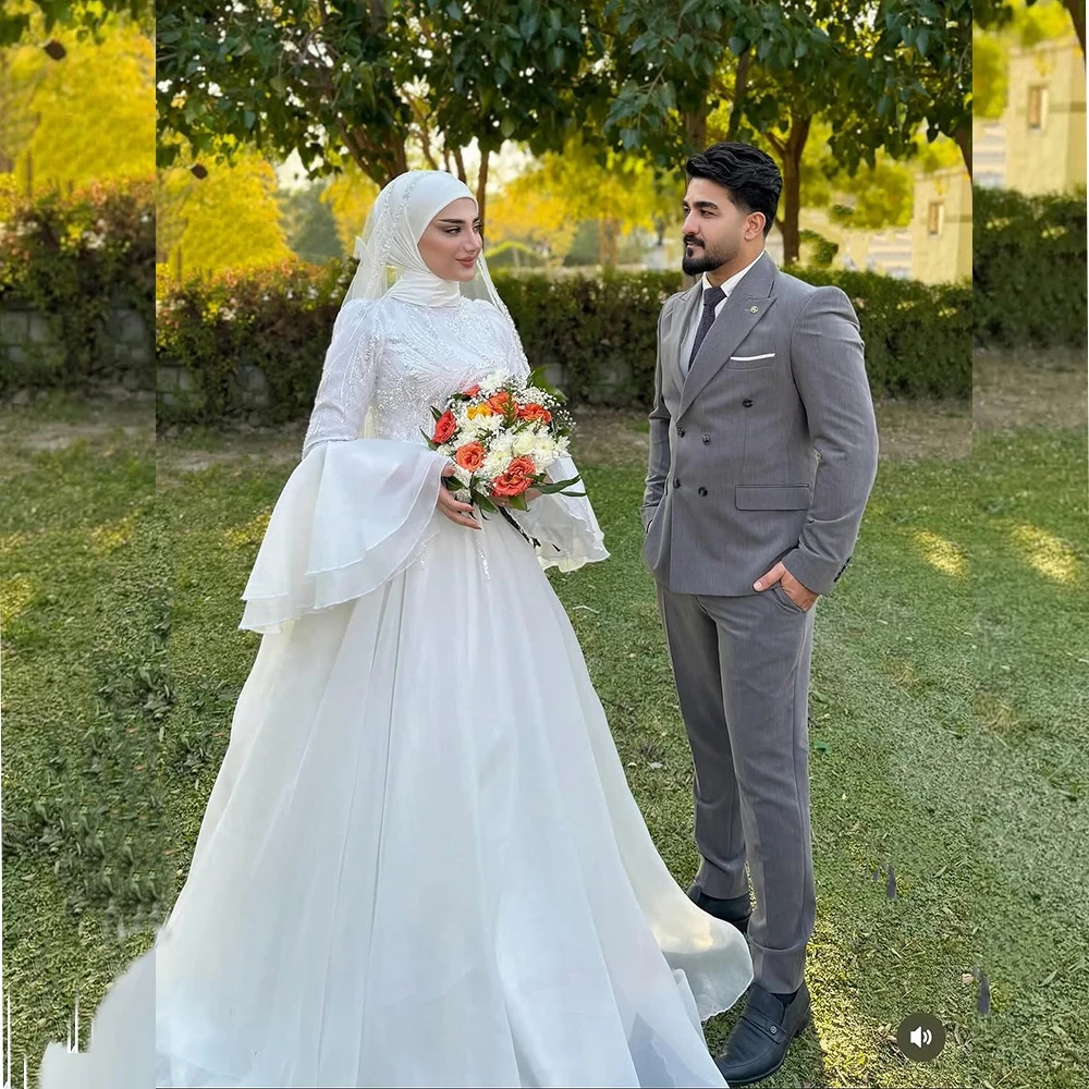 

Holy Wedding Dresses for Bride High Neck Long Sleeve A Line Pleats Muslim Garden Beach Bridal Gowns robes de mariee Customized