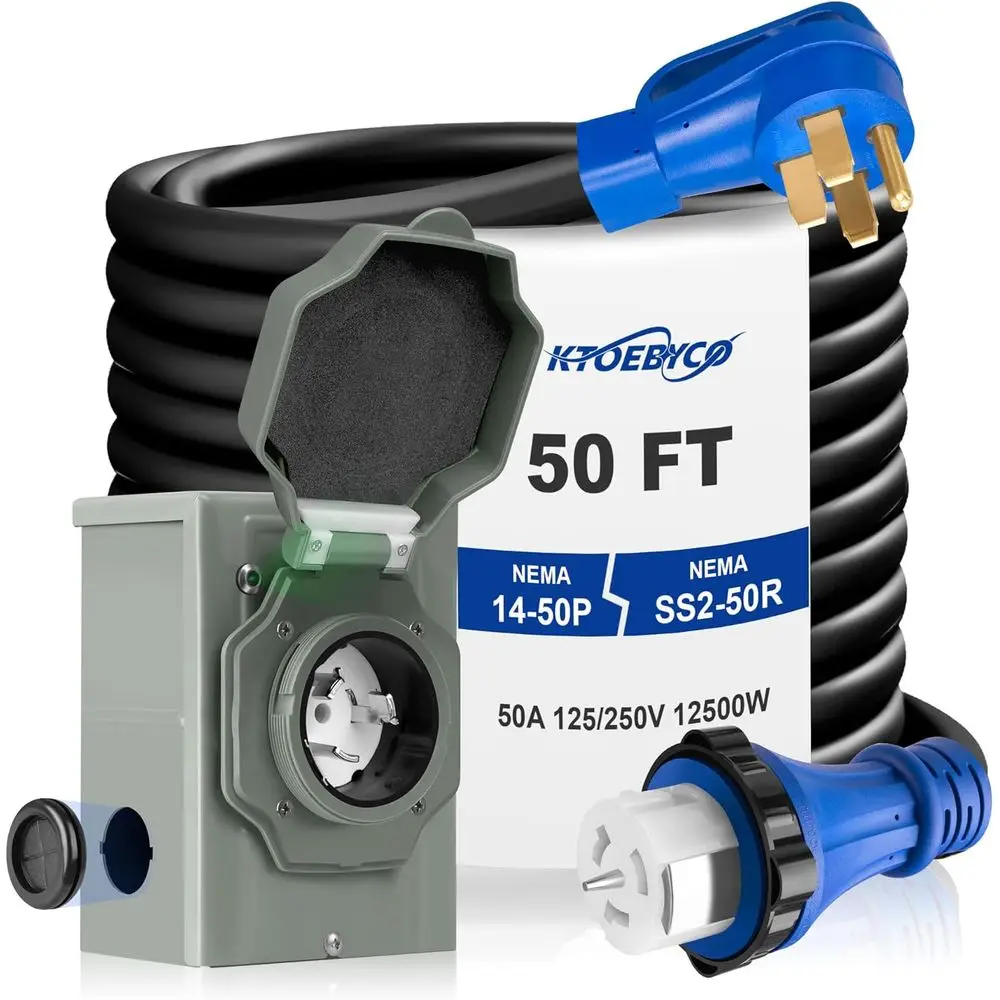 

50 Amp Generator Cord and Inlet Box Combo Kit, 50T NEMA 14-50P to SS2-50R Cord, Pre-Drilled Inlet Box, Waterproo, UL & ETL Liste