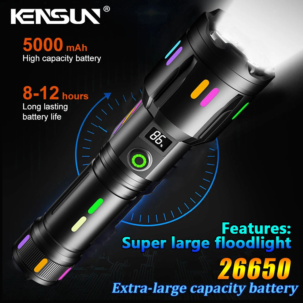 

High Power Spotlight Long Range LED Flashlight Fluorescent Absorbing Film Luminous Colorful Zoom Flashlight Camping Emergency