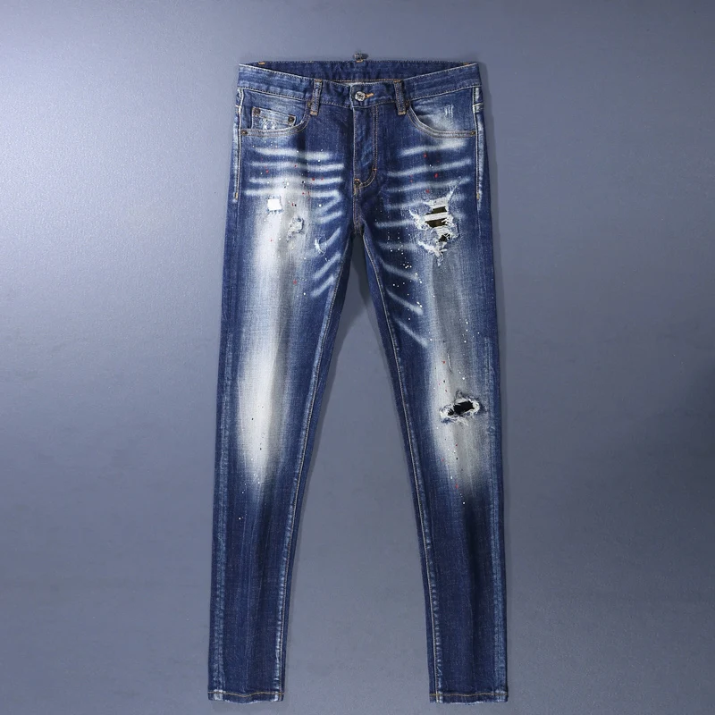 

Street Designer Fashion Men Jeans High Quality Retro Blue Stretch Slim Fit Patched Ripped Jeans Men Brand Hip Hop Denim Pants