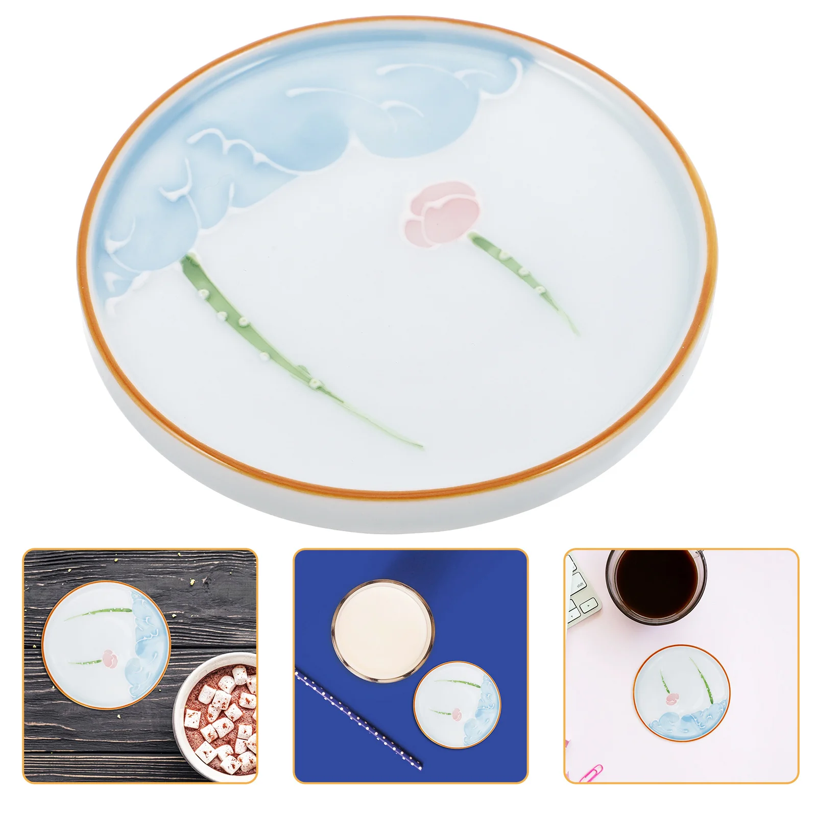 

Handpainted Vintage Ceramic Drink Coaster Heatproof Round Cup Insulation Pad Floral Decorative Table Mat for Tea Coffee Bar