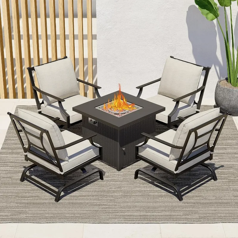 5-Piece Patio Furniture Set with 29-Inch CSA Approved Woodgrain Propane Gas Fire Pit Table Outdoor Rocking Chairs