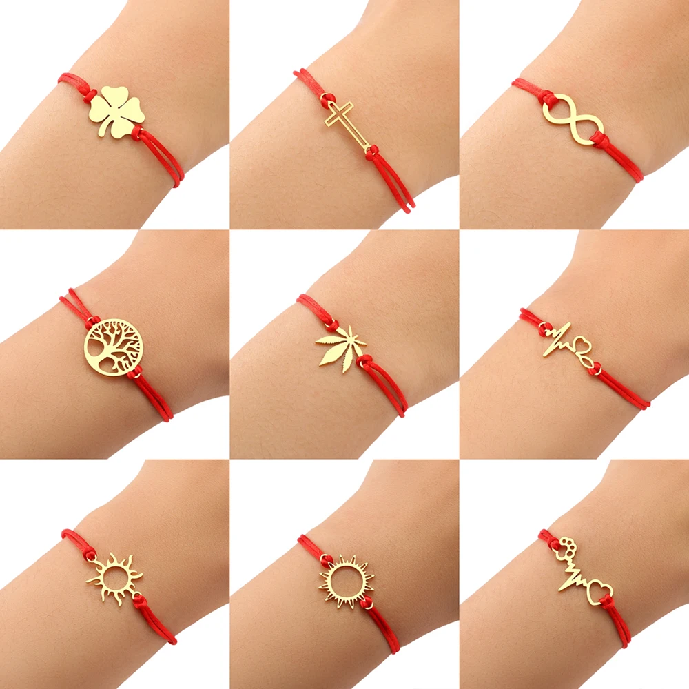 Stainless Steel Bracelets Lucky Black Red Rope Hand Made Fashion Clover Cartoon Cross Summer Charm Bracelet For Women Jewelry