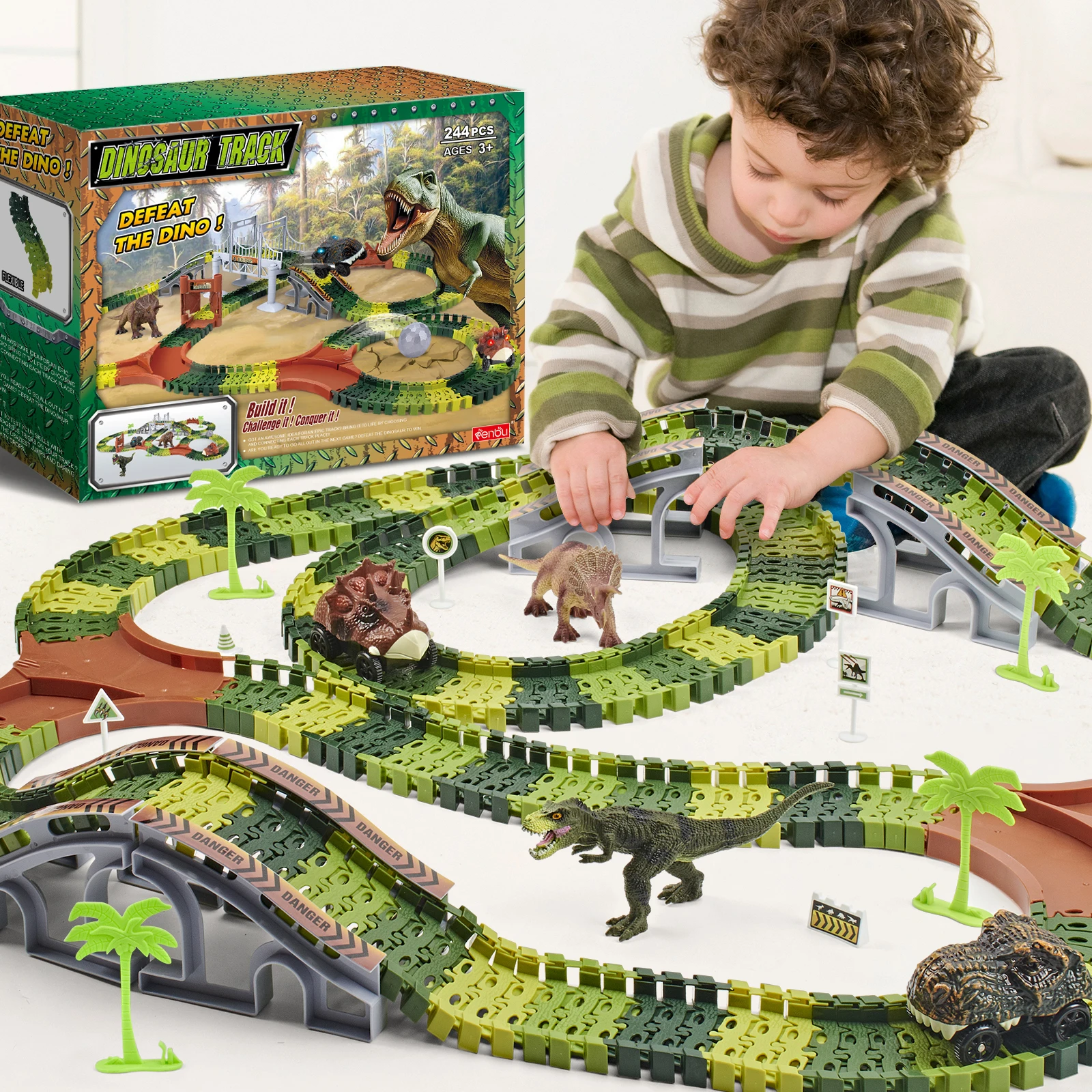 

Dinosaur Toys, 252 PCS Create A Dinosaur World Road Race Tracks, Flexible Track Playset,Dinosaur Car Birthday Party Favor Gift