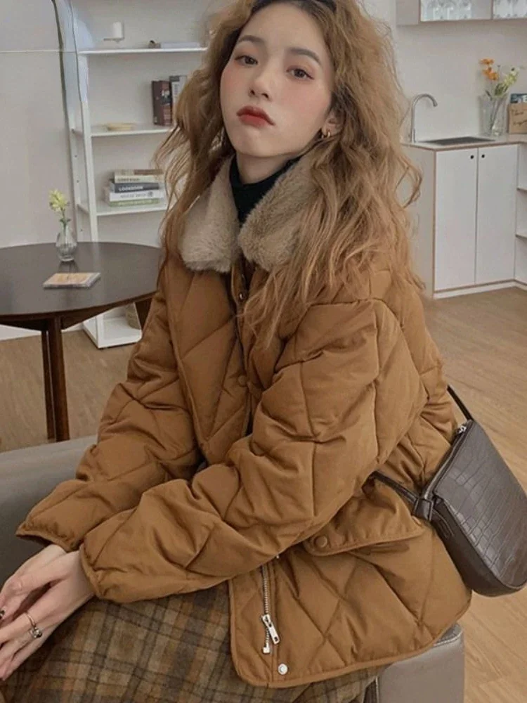 Jacket for Women Winter Women\'s Warm Coats New Long Sleeve Spliced Fur Collar Plush Thicken Parkas Korean Fashion Casual Loose