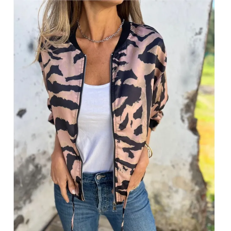 Fashion Leopard Print Casual Jackets Women Classic Chic Long Sleeve Draw Rope Zip Leisure Coats Spring Autumn New Female Clothes
