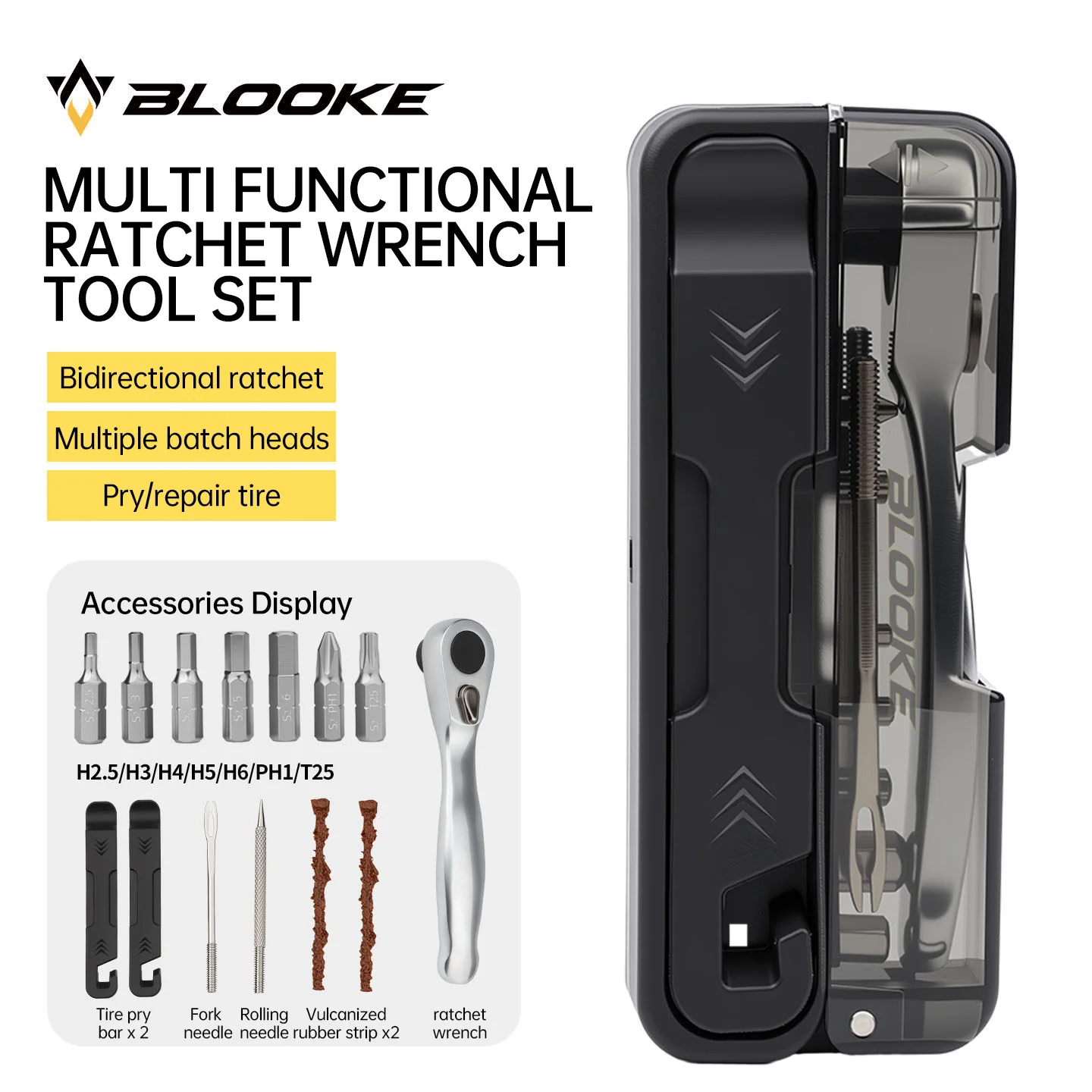 Kit De RéParation De VéLo Blooke Avec Clé à Cliquet Pour RéParation De Crevaison VTT Et VéLo De Route, Outil Multifonction Hexagonal-image