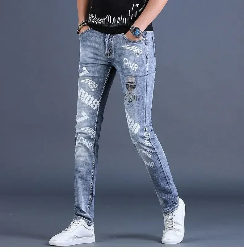 Korea Version Men’s Blue Jeans, High Quality Slim Stretch Jeans,Light Luxury Print Jeans, Stylish Sexy Street Jeans;