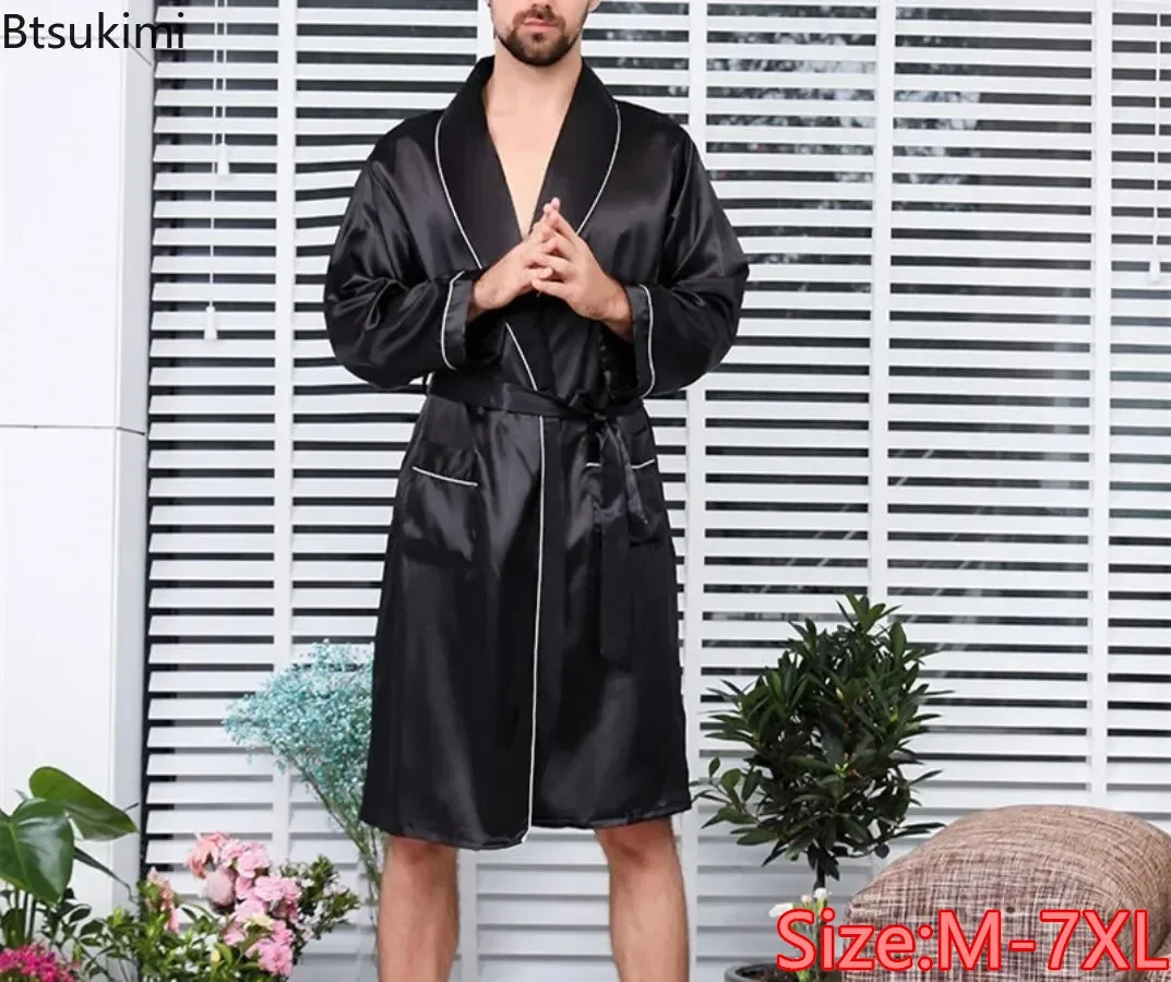 

2025 Men's Summer Thin Pajamas Robes Men's Homewear Long Sleeve Kimono Bathrobe Black Silk Satin Sleepwear Male Lounge Nightwear