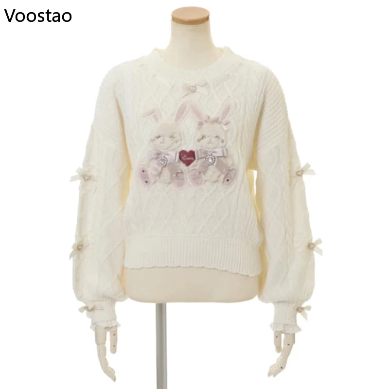 Vintage Sweet Lolita Style Knitted Pullover Girls Cute Plush Cartoon Bunny Embroidery Bow Sweater Women Harajuku Knitwear Tops