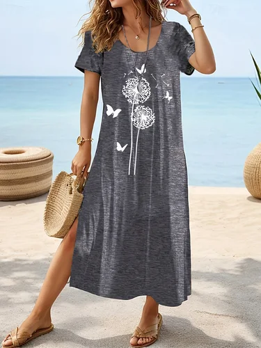 Imagen 2 del producto 2025 Primavera/Novedad de verano elegante vestido de mujer de talla grande blanco diente de león y mariposa posicionamiento impreso horquilla lateral inferior primavera