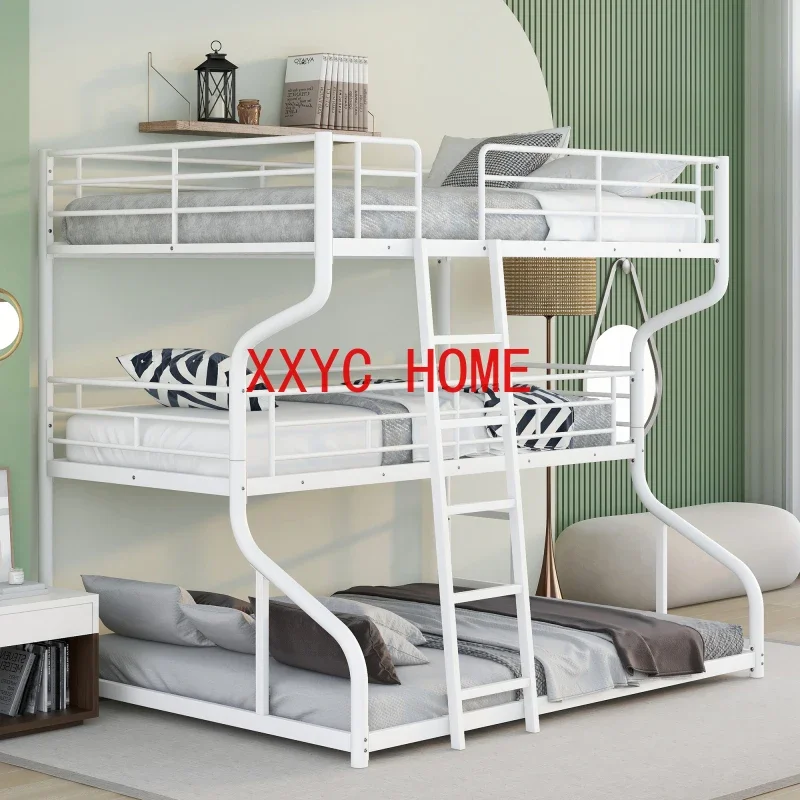 Full XL over Twin XL over Queen Size Triple Bunk Bed with Long and Short Ladder,White