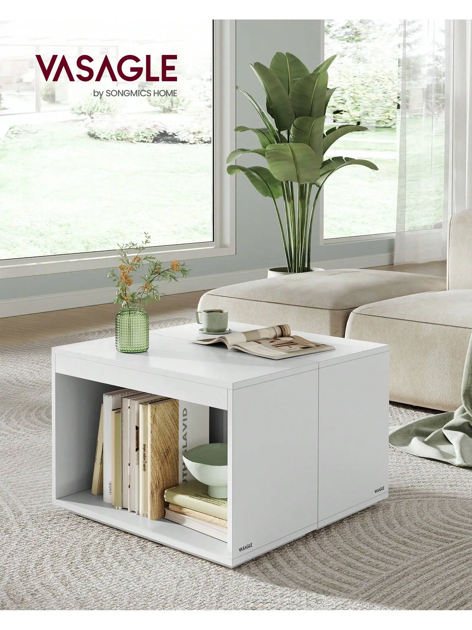 Tavolini VASAGLE, Set di 3 tavolini rettangolari modulari, stile moderno, con ripiano, per studio camera da letto soggiorno, bianco neve