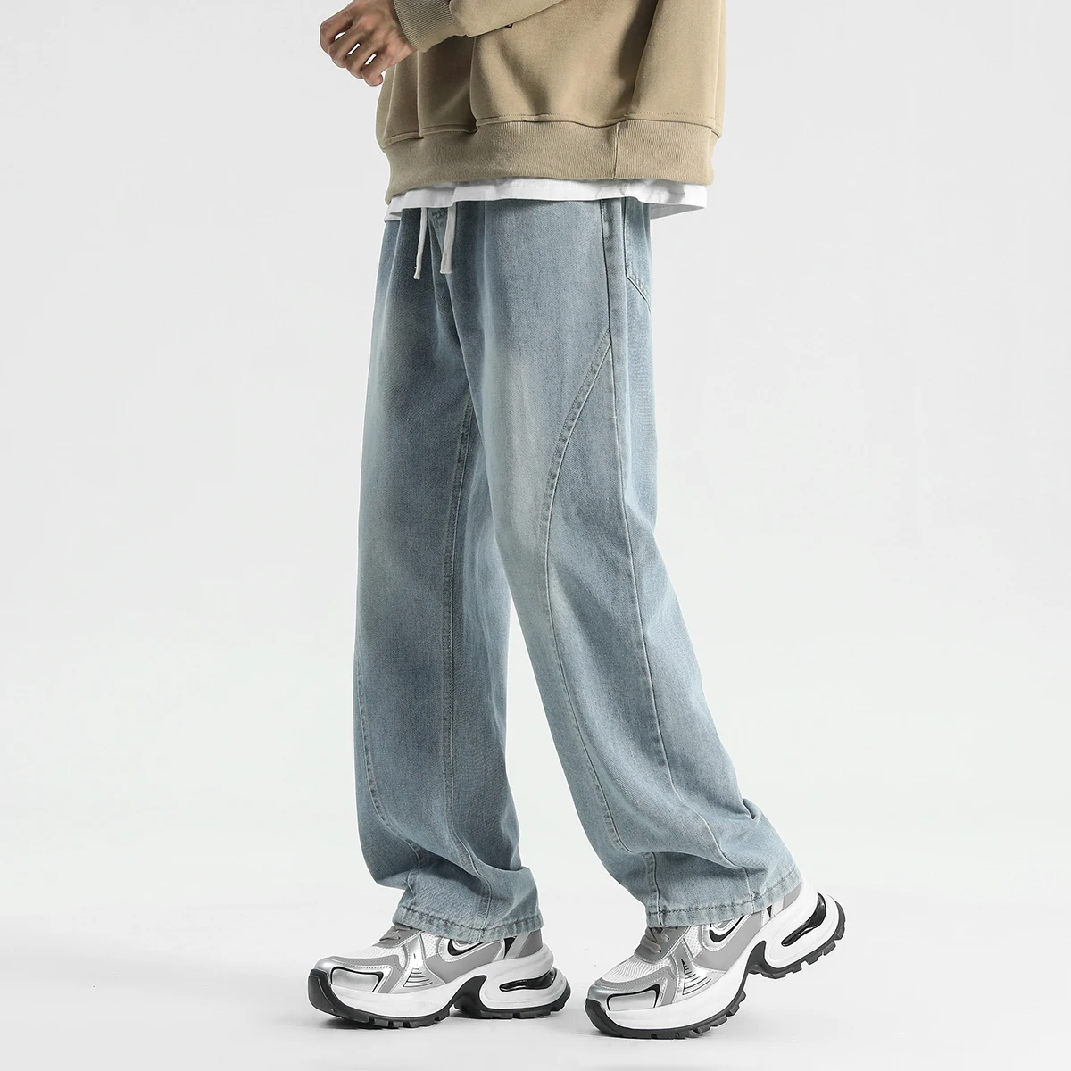 

American Sle High Street Men's Jeans Summer Trendy Patchwork Vintage Waed Straight Leg Casual Wide Leg Pants