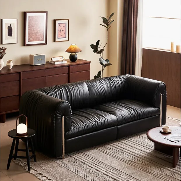 Modern simple living room sofa light luxury black designer pleated straight three-person mocha