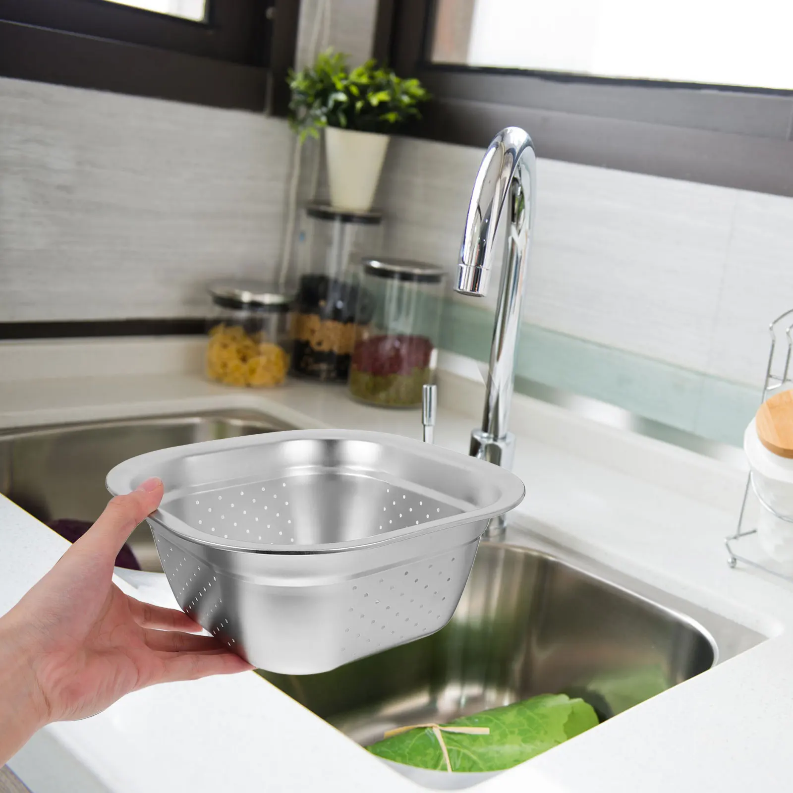 

Stainless Steel Washing Colander Large Capacity Square Drainage Holes Kitchen Gadget Vegetable Fruit Rice Washer Metal