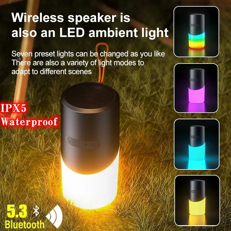 

Outdoor Wireless Bluetooth Speaker Camping IPX5 Waterproof with 7 Color LED Lights TF Card Slot TWS Pairing Bluetooth 5.3 TWS