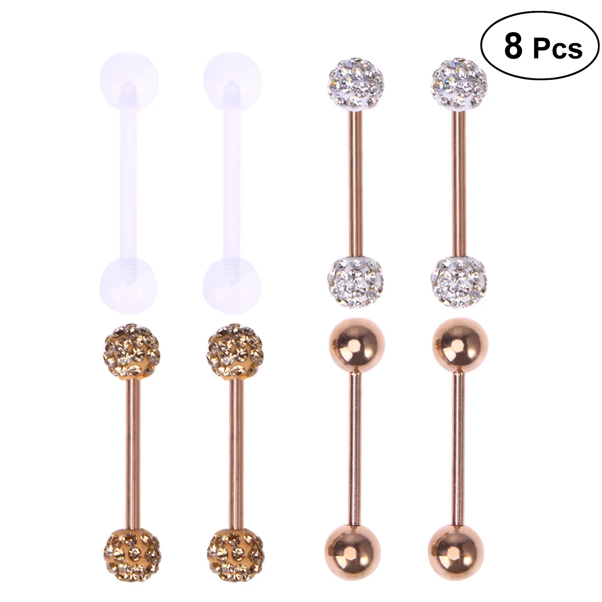

4Pairs Stainless Steel Human Body Piercing Jewelry 16mm Tongue Rings Cubic Zirconia Mixed Style Body Piercing Jewelry Decor