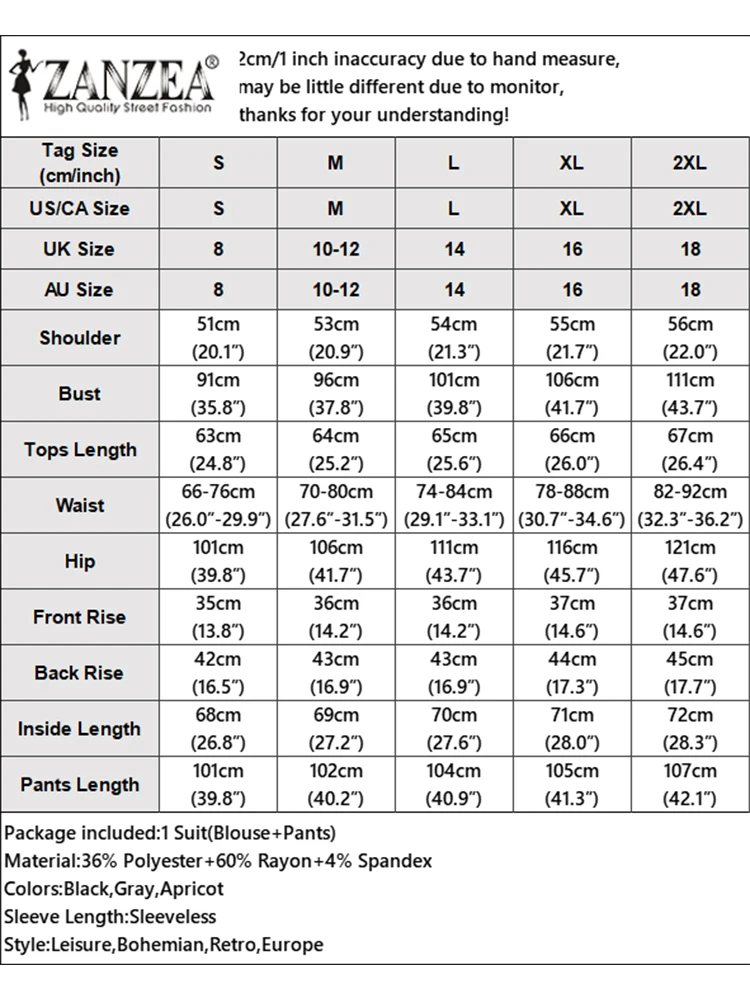 ZANZEA 여성 우아한 2 조각 세트 스퀘어 넥 민소매 탑 & 신축성있는 허리 바지 2pcs 정장 사무실 대비 파이핑 바지 세트