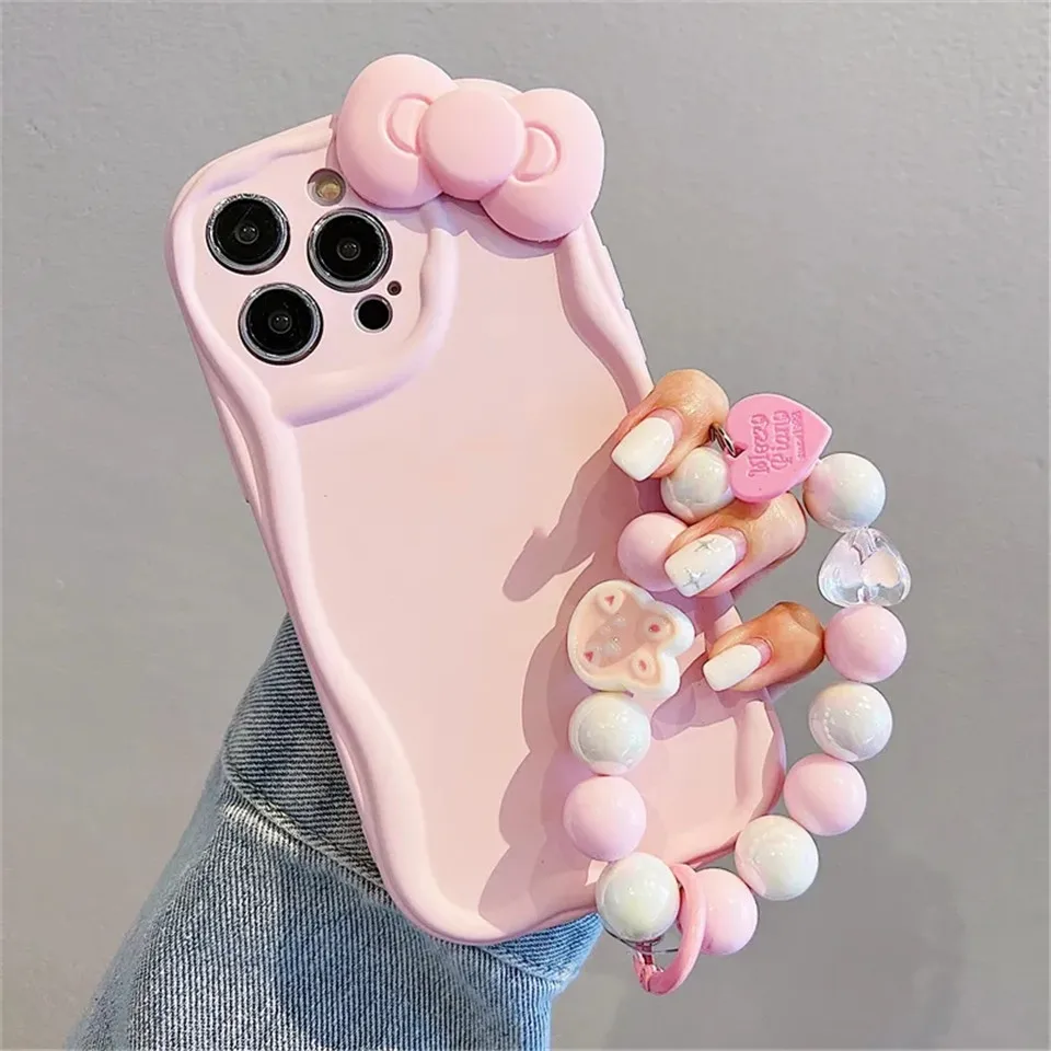 Cute 3D Pink Bow Flower Hang Round Bracelet Chain Phone Case For iPhone 14 Pro Max 11 12 13 X XR XS Max 7 8 Plus Candy Cover