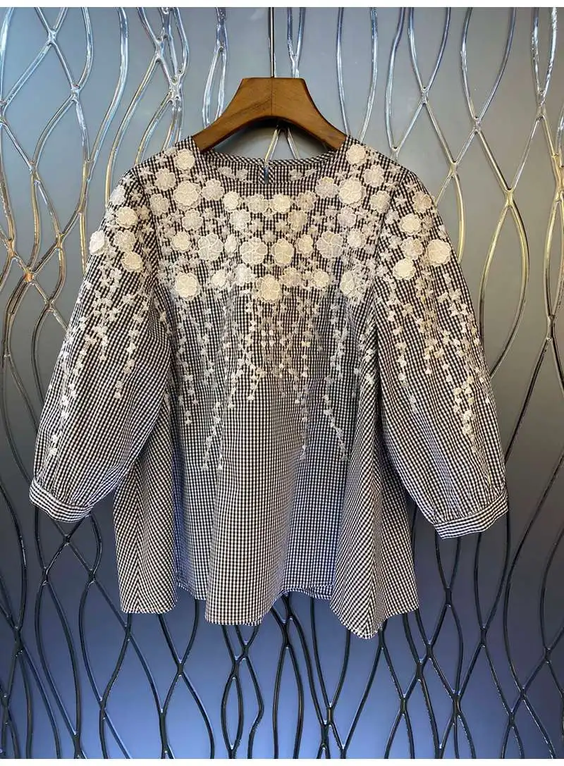 

High Quality Cotton Blouse 2022 Spring Summer Tops Women Geometric Print Embroidery Deco 3/4 Sleeve Casual Vintage Tops Blusas