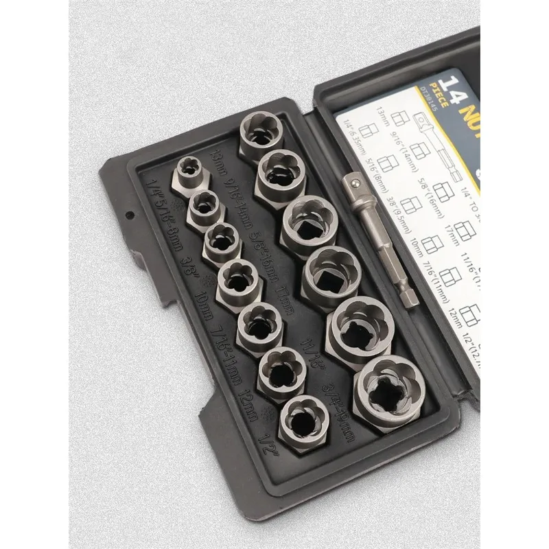 Removedor de tuercas peladas con adaptador hexagonal, juego de casquillos de extracción, removedor de tuercas y pernos y tuercas de impacto, 14 Uds.