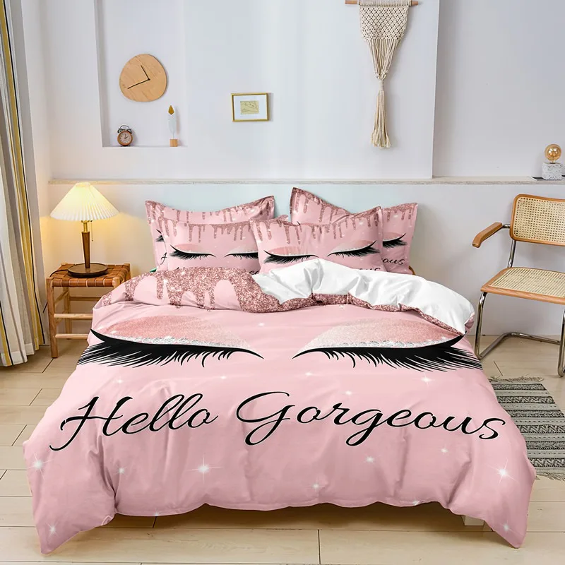 Hello Gorgeous Eyelash Print Bedding Set, Pink Glitter Duvet Cover with Pillowcases, Soft Microfiber Bed Linen for Girls