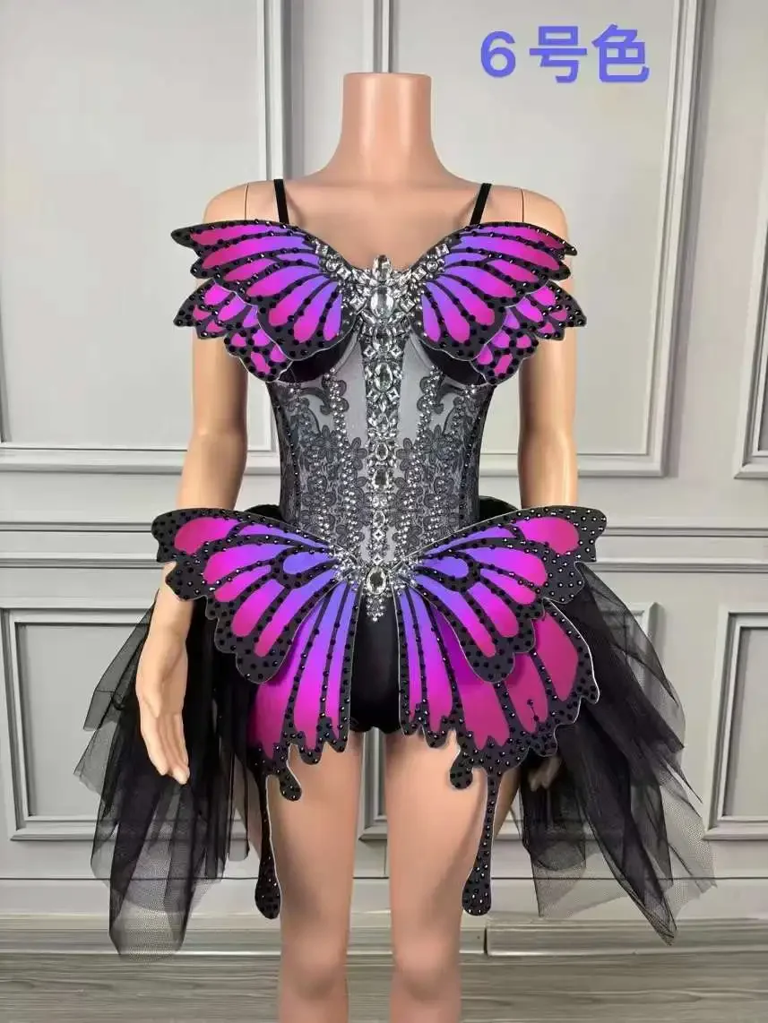 Women Birthday Celebrate Party Outfit Performance Dance Butterfly Wing Sexy Stage Silver Crystals Colorful Spandex Bodysuit