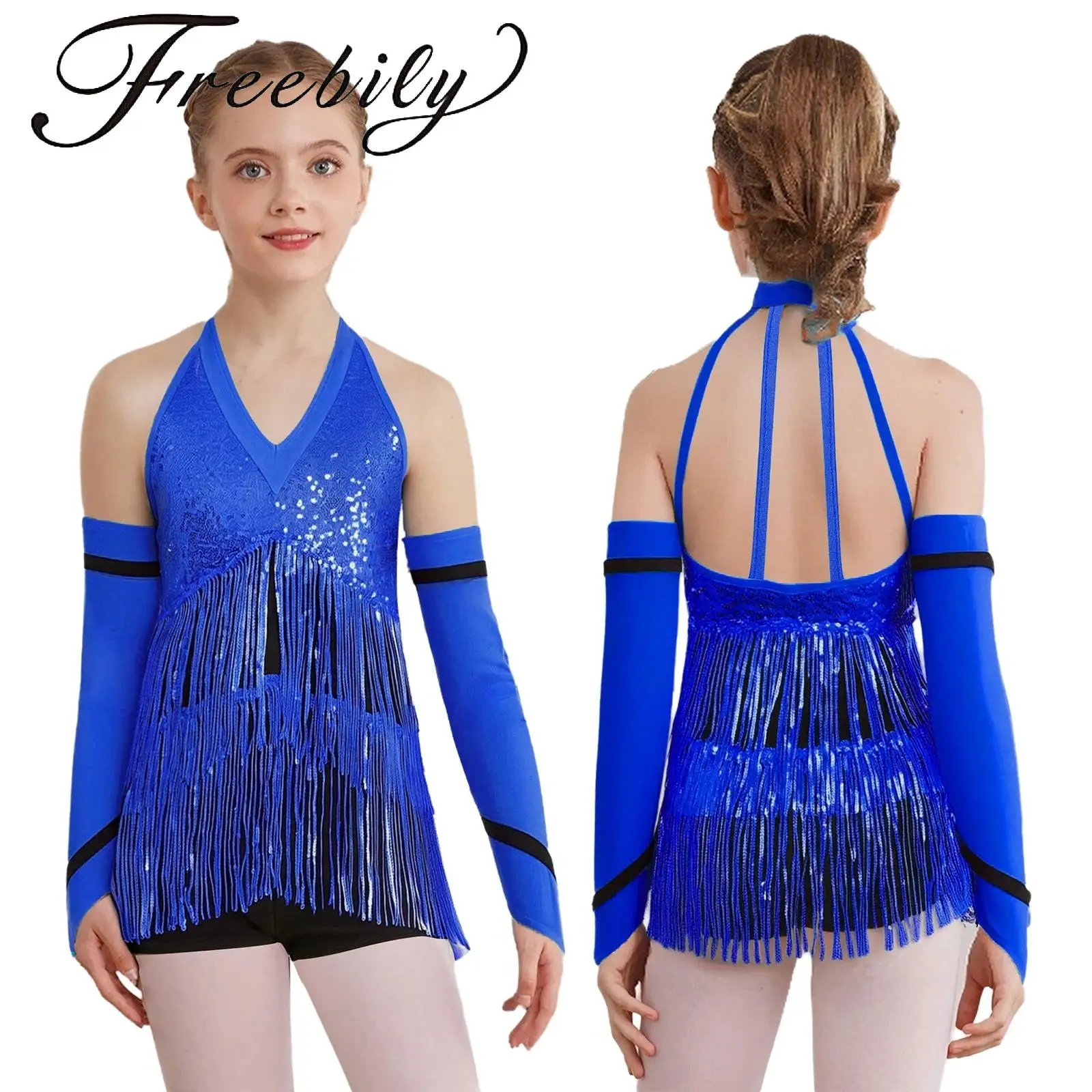 

Kids Girls Latin Jazz Leotard Halter Sleeveless Strappy Back Shiny Sequins Color Block Leotard with Gloves for Performance