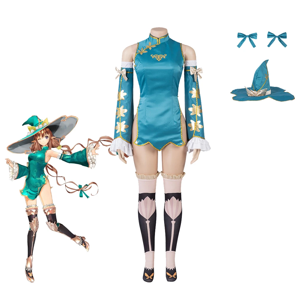 

Game Shining Resonance Rinna Mayfield Cosplay Costume Blue Cheongsam Dress With Hat Stocks Full Set Halloween Outfits